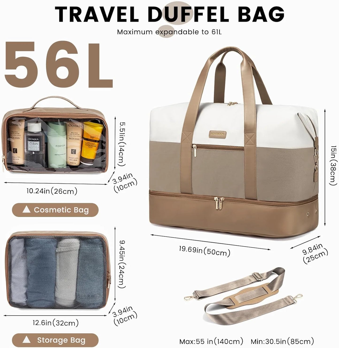 Travel Duffel Bag for Women, Large Weekender Overnight Bag, Carry-On Gym Bag with Separate Shoes Compartment, Mom Hospital Bags for Labor and Delivery with 2 Packing Cubes