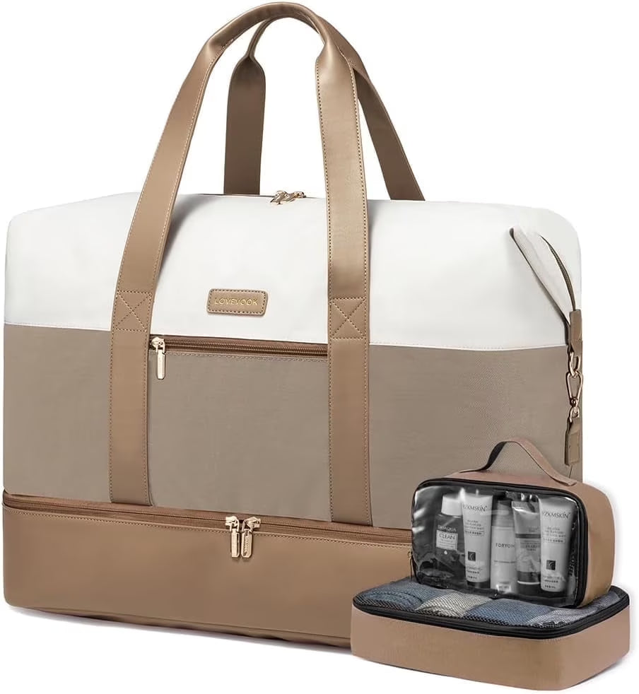 Travel Duffel Bag for Women, Large Weekender Overnight Bag, Carry-On Gym Bag with Separate Shoes Compartment, Mom Hospital Bags for Labor and Delivery with 2 Packing Cubes