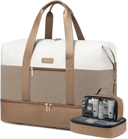 Travel Duffel Bag for Women, Large Weekender Overnight Bag, Carry-On Gym Bag with Separate Shoes Compartment, Mom Hospital Bags for Labor and Delivery with 2 Packing Cubes