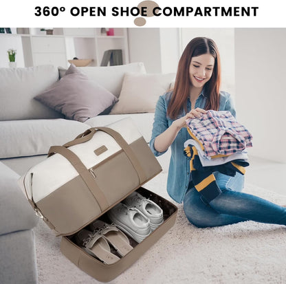 Travel Duffel Bag for Women, Large Weekender Overnight Bag, Carry-On Gym Bag with Separate Shoes Compartment, Mom Hospital Bags for Labor and Delivery with 2 Packing Cubes